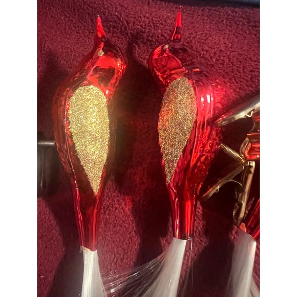 3 Vintage 1970's Mercury Glass Clip On Bird Ornaments 5”Red w Fiberglass tail - Picture 4 of 11